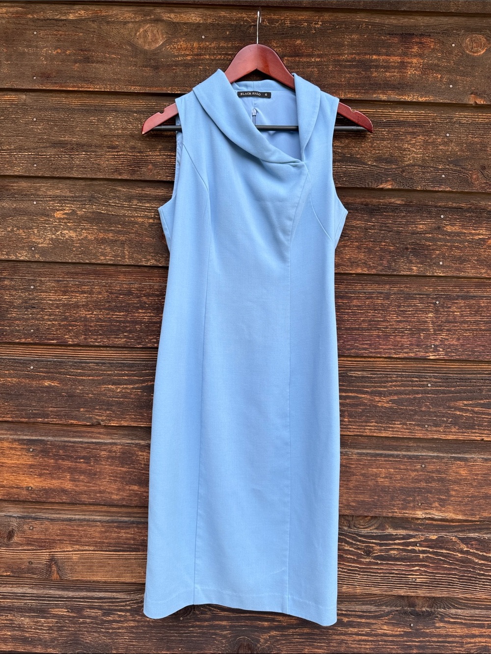 Black Halo Cowl-Neck Sleeveless Midi Dress in Light Blue